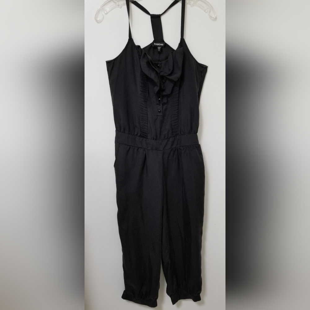 Bebe Black Sueded Silk Halter Sleeveless Ruffle Capri Jumpsuit Size XS.